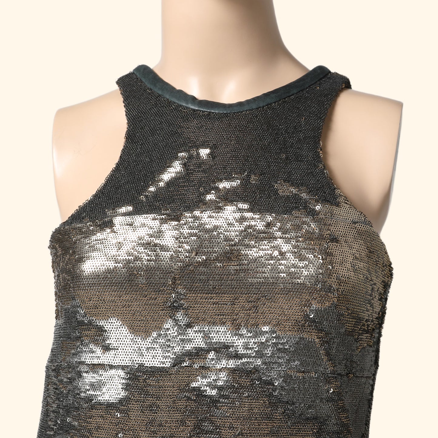 IRO Silver Metallic Sequin Mini Halter Dress with Leather Detailing