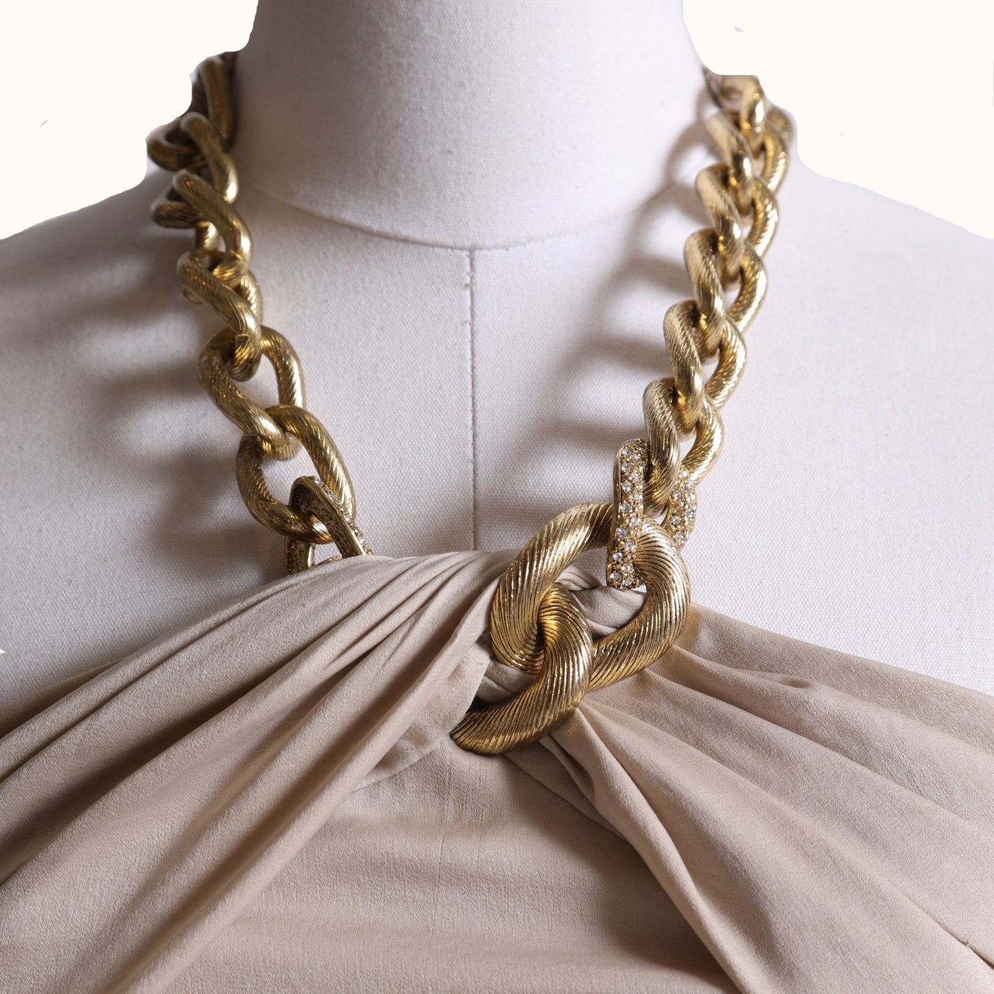 BCBGMAXAZRIA Vintage Beige Satin Gold Chain Halter Mini Dress