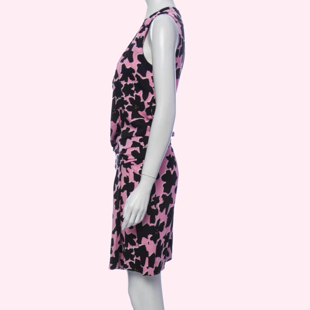 DIANE VON FURSTENBERG Pink and Black Printed Sleeveless Silk Dress