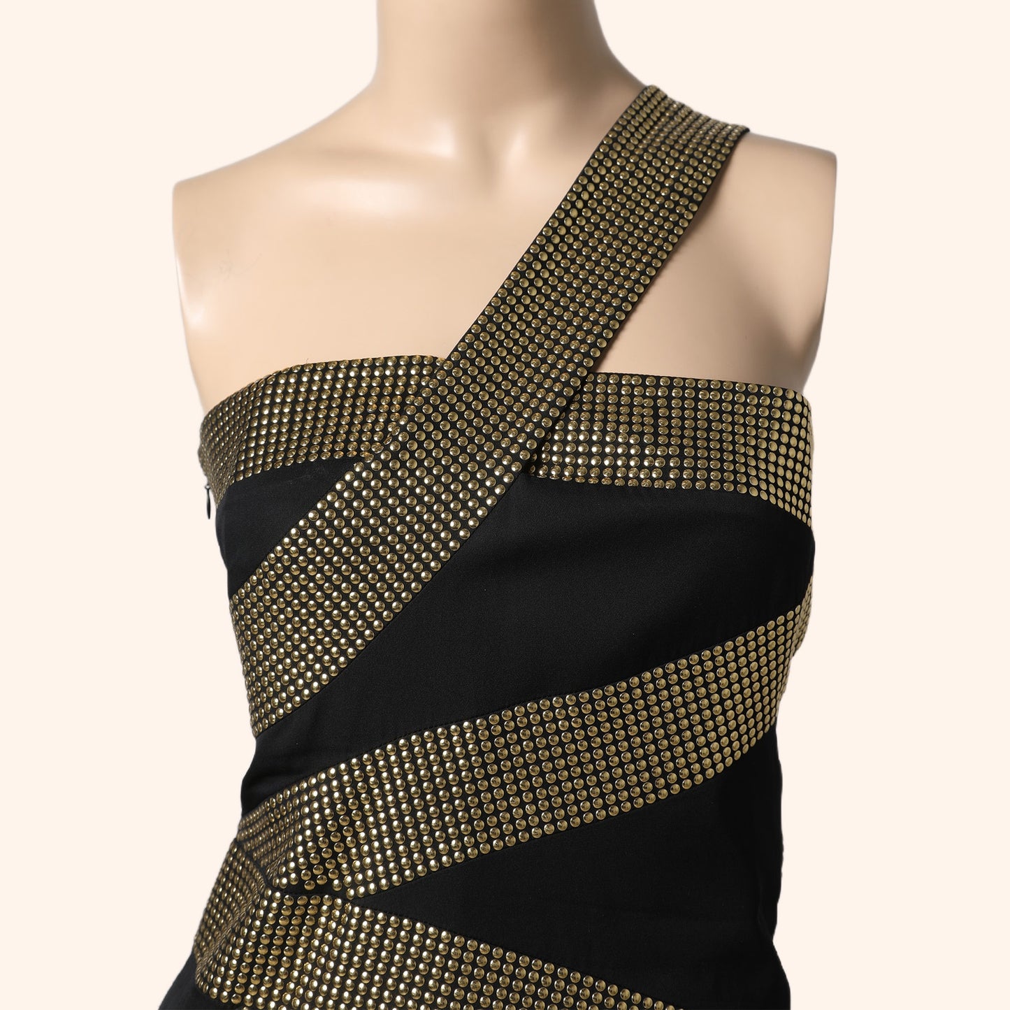 ROBERT RODRIGUEZ Black Gold Studded One-Shoulder Mini Dress