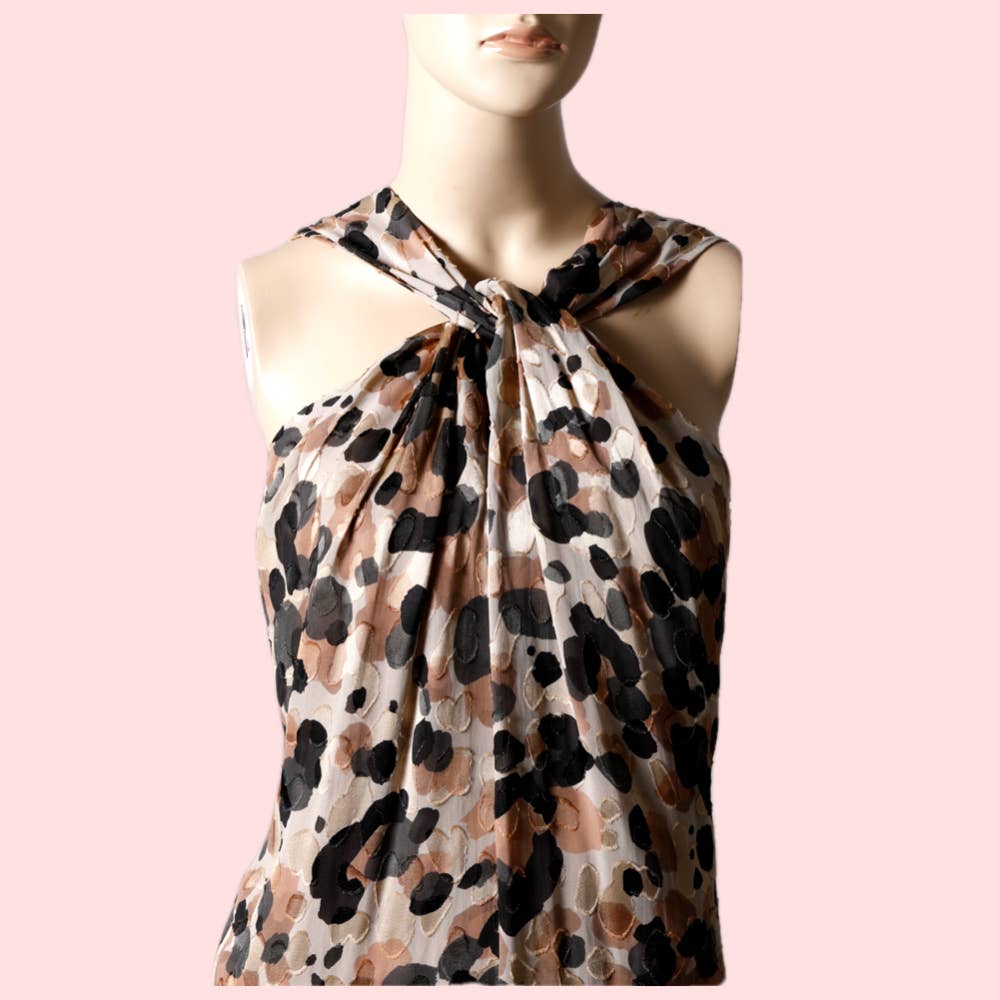 MOSCHINO Taupe with Black and Brown Animal Printed Halter Silk Dress