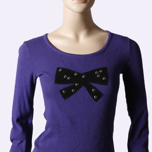 SONIA BY SONIA RYKIEL Violet with Black Pearled Bow Long Sleeve Sweater