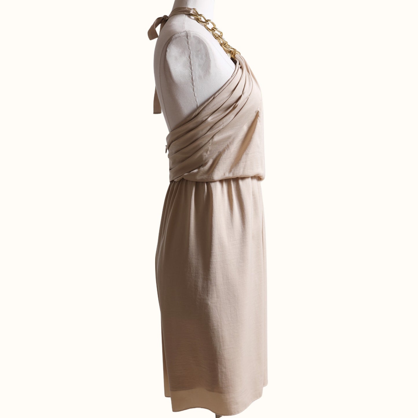 BCBGMAXAZRIA Vintage Beige Satin Gold Chain Halter Mini Dress