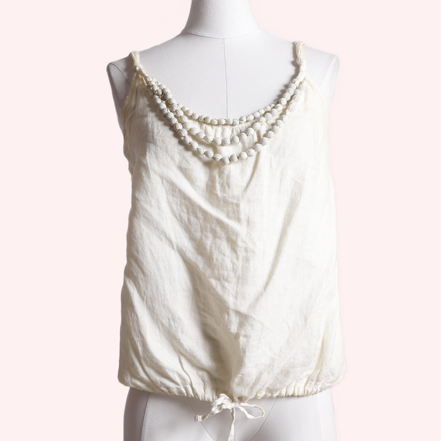 MORGAN Vintage Off White Cotton Pearl Embellished Bubble Hem Tank Top