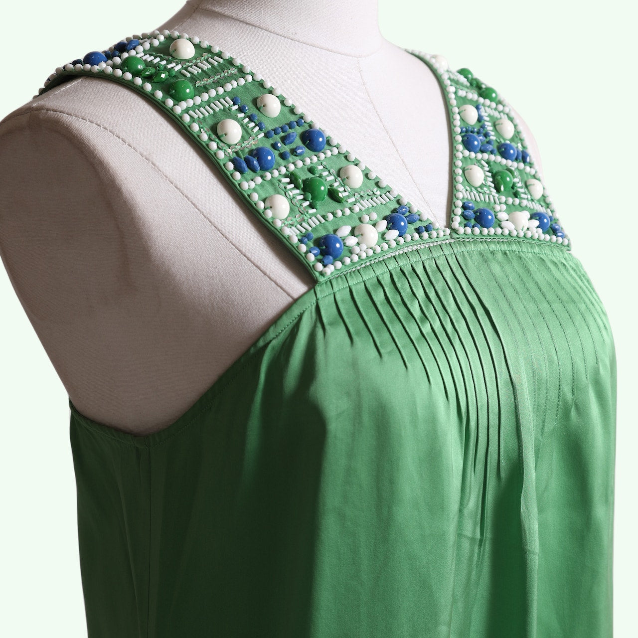 BCBGMAXAZRIA Vintage Green Beaded V Neck Silk Mini Dress
