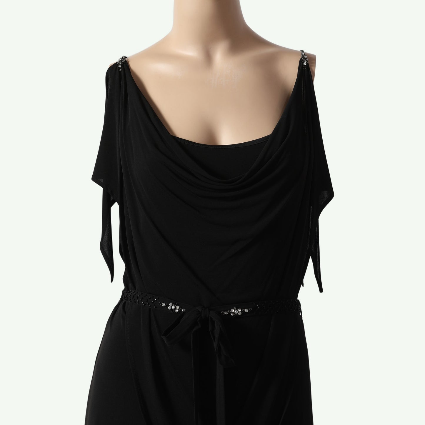 BCBGMAXAZRIA Vintage Black Draped Scoop Neck Asymmetrical Hem Knee Length Dress