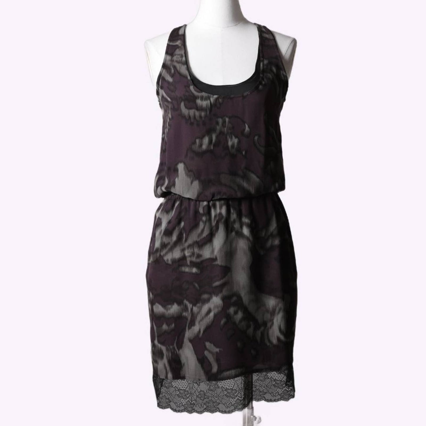 ROBERT RODRIGUEZ Purple and Black Printed Silk and Lace Trim Tank Dress