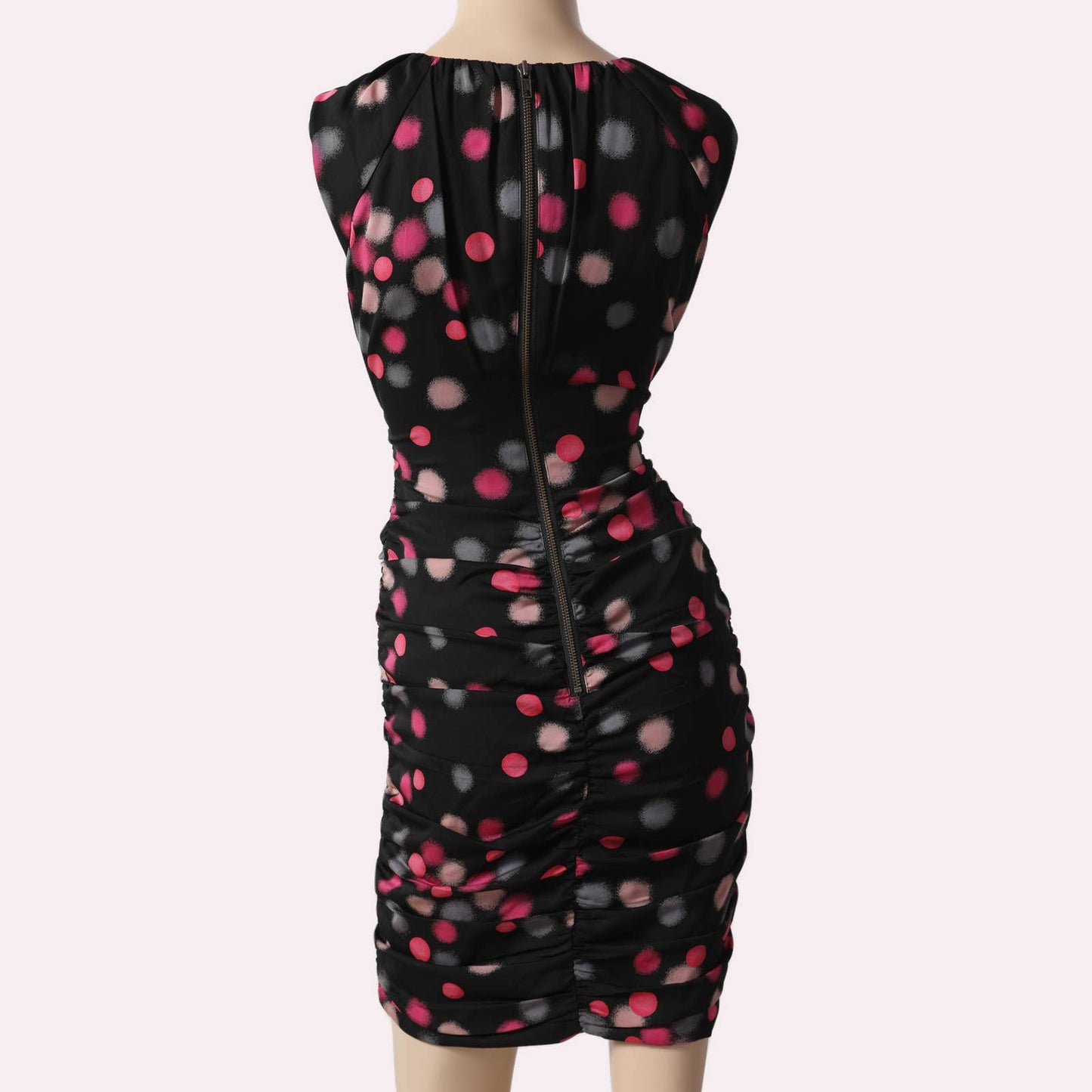 DIANE VON FURSTENBERG Black with Pink Polka Dot Sleeveless Silk Mini Dress