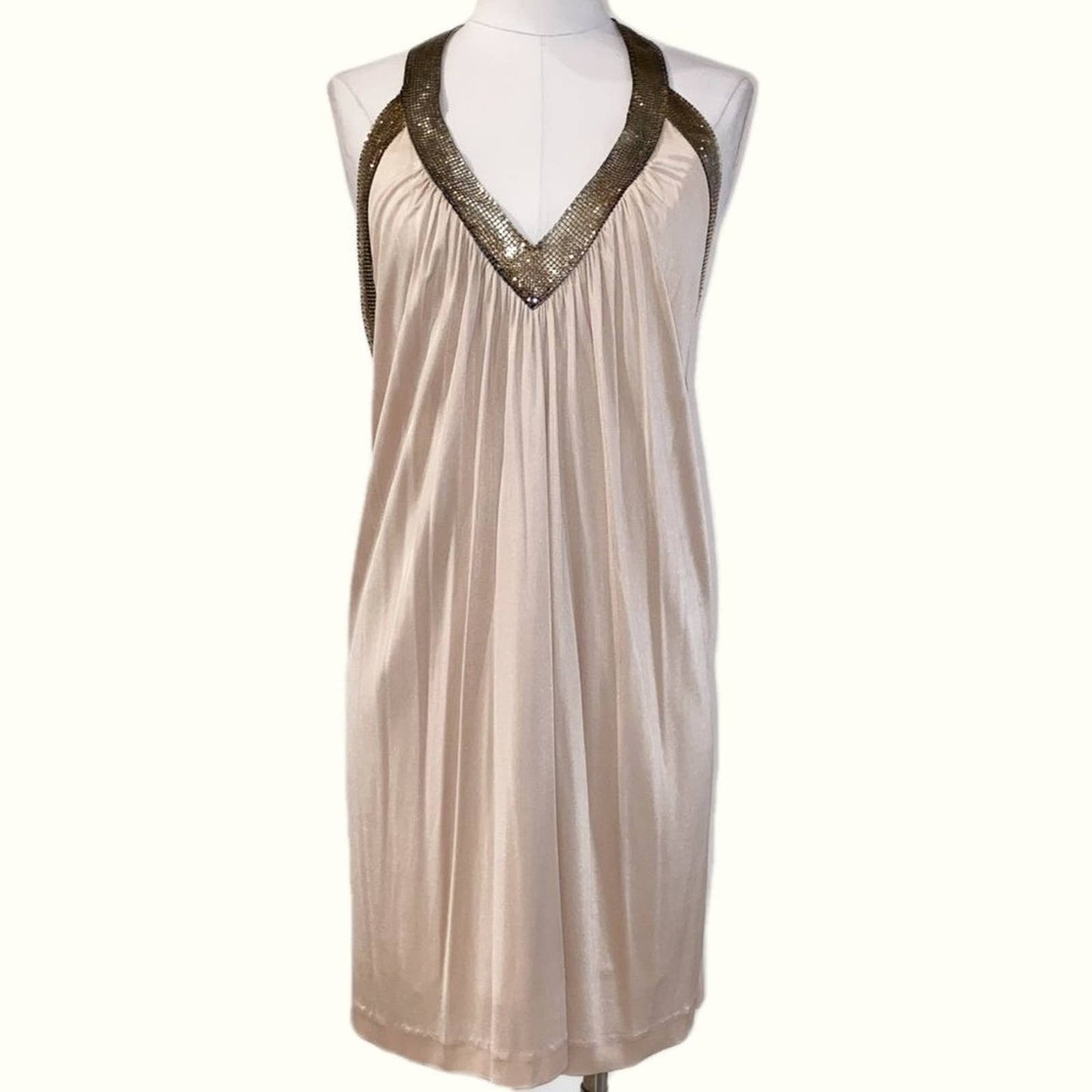 BCBGMAXAZRIA Beige and Gold Embellished Halter Backless Dress