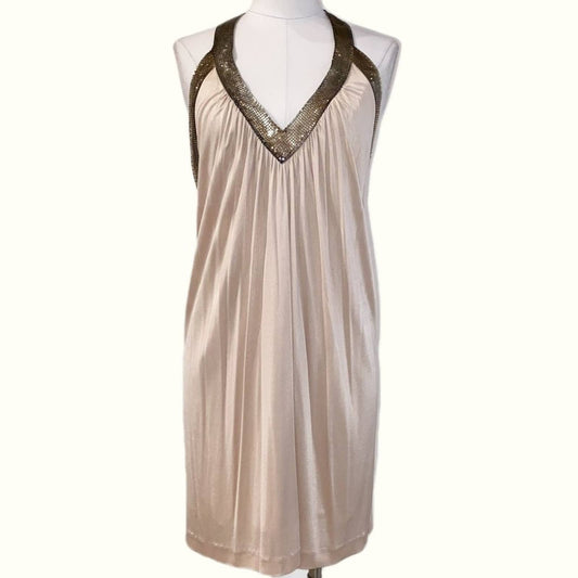 BCBGMAXAZRIA Beige and Gold Embellished Halter Backless Dress