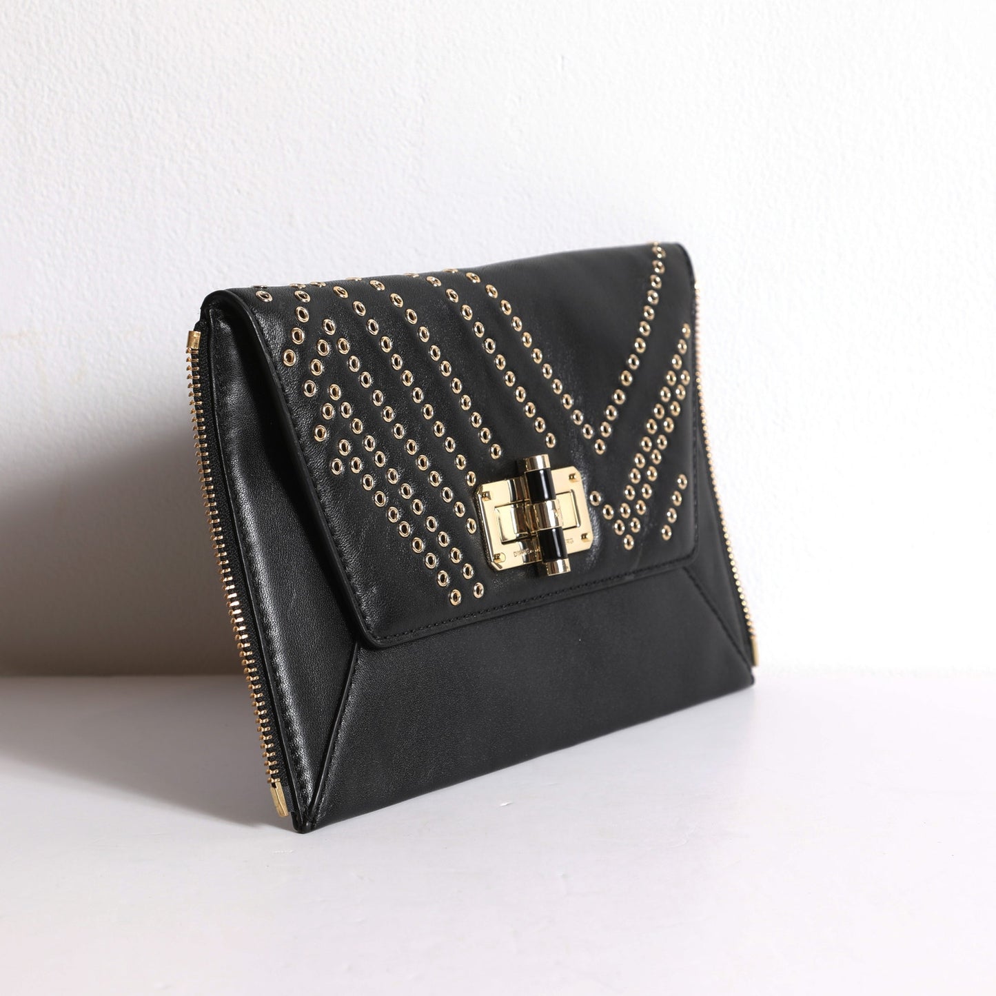 DIANE VON FURSTENBERG Black Pebbled Leather Studded Envelope Clutch