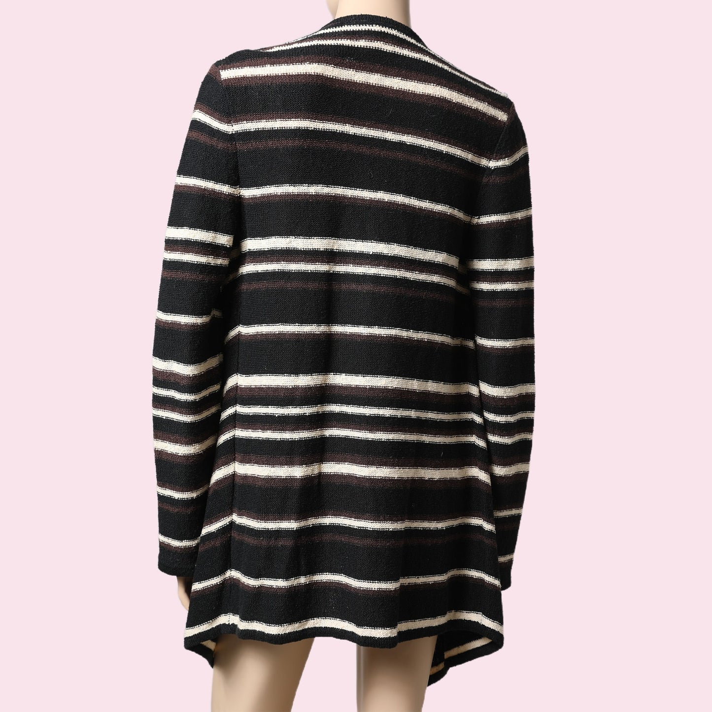 TORY BURCH Black, Brown, and Cream Linen Striped Cardigan Sweater