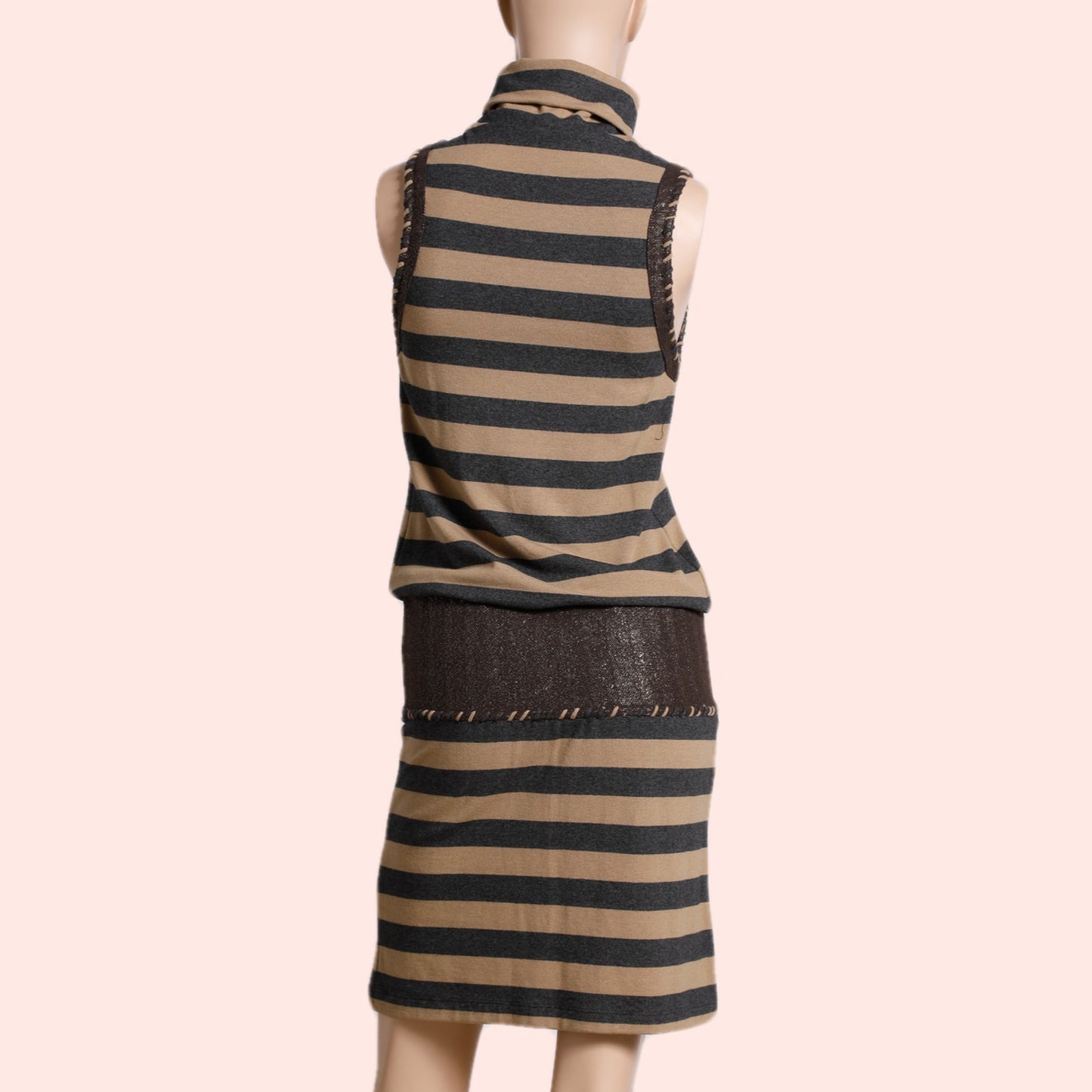 NIKKA Brown & Gray Stripe Sleeveless Turtleneck Midi Dress Vintage Y2K