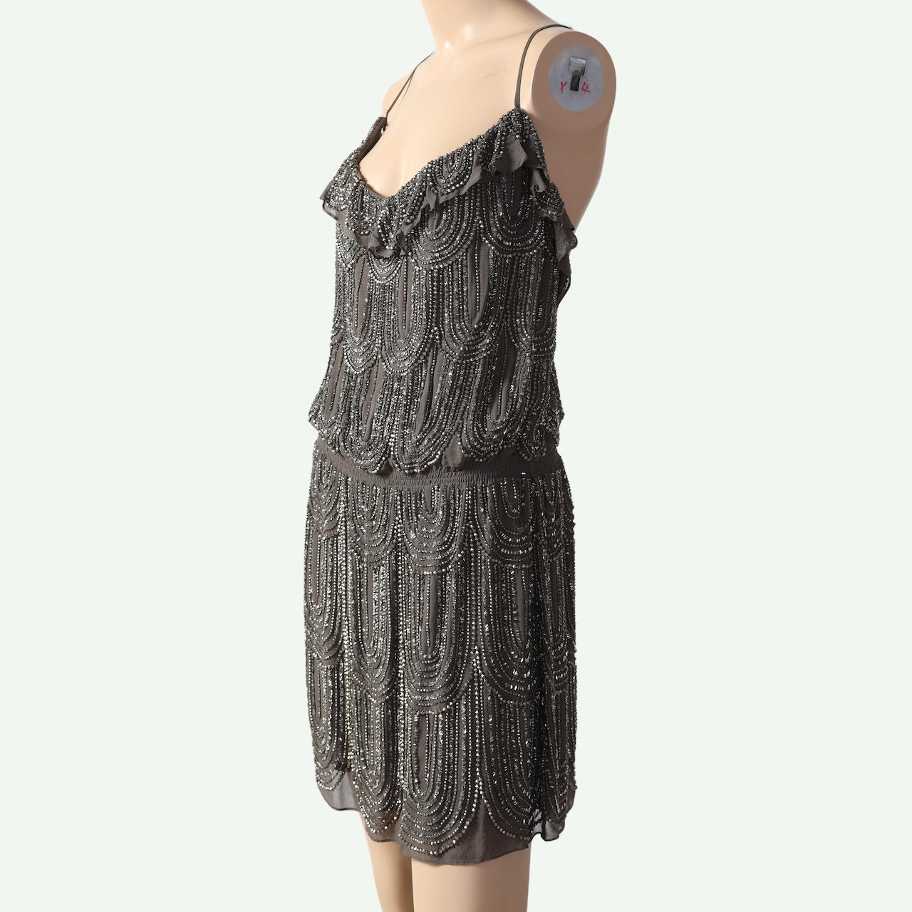 BOYOD Gray Silver Beaded Ruffle Blouson Mini Dress