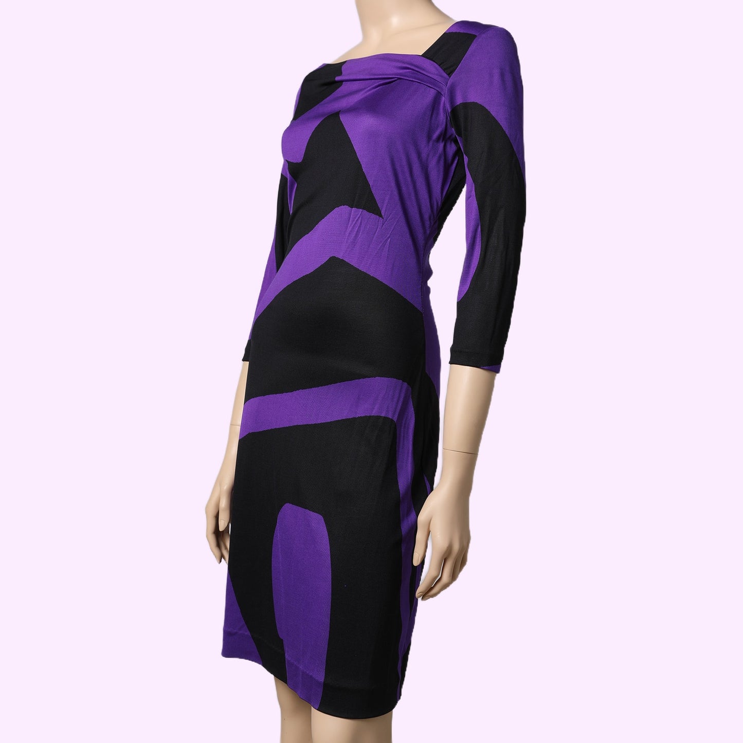 DIANE VON FURSTENBERG Black and Purple Abstract Long Sleeve Silk Dress