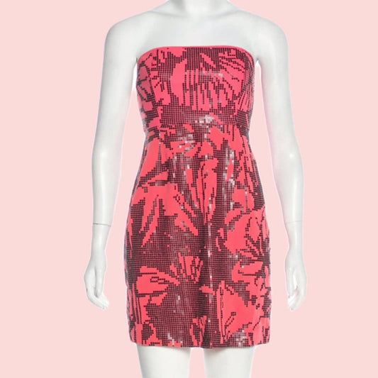 TIBI Pink with Black Sequins Strapless Silk Mini Dress