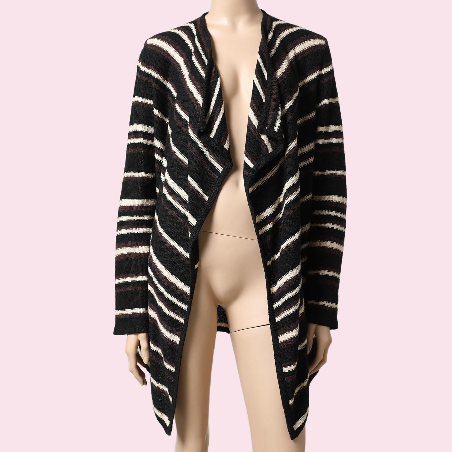 TORY BURCH Black, Brown, and Cream Linen Striped Cardigan Sweater