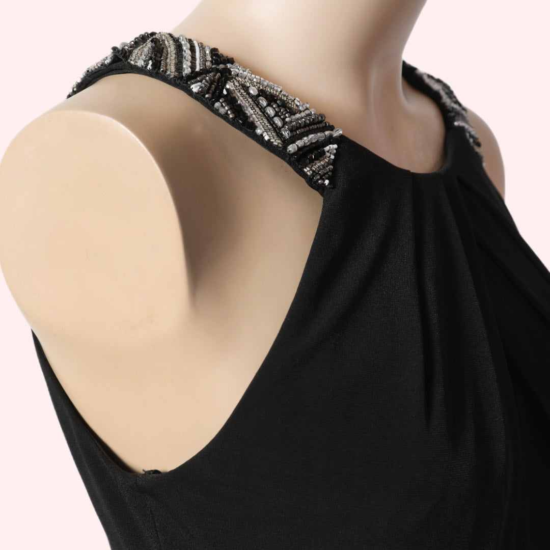 DAVID MEISTER Black Beaded Halter Sheath Dress