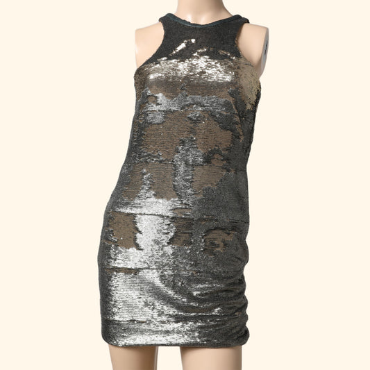 IRO Silver Metallic Sequin Mini Halter Dress with Leather Detailing