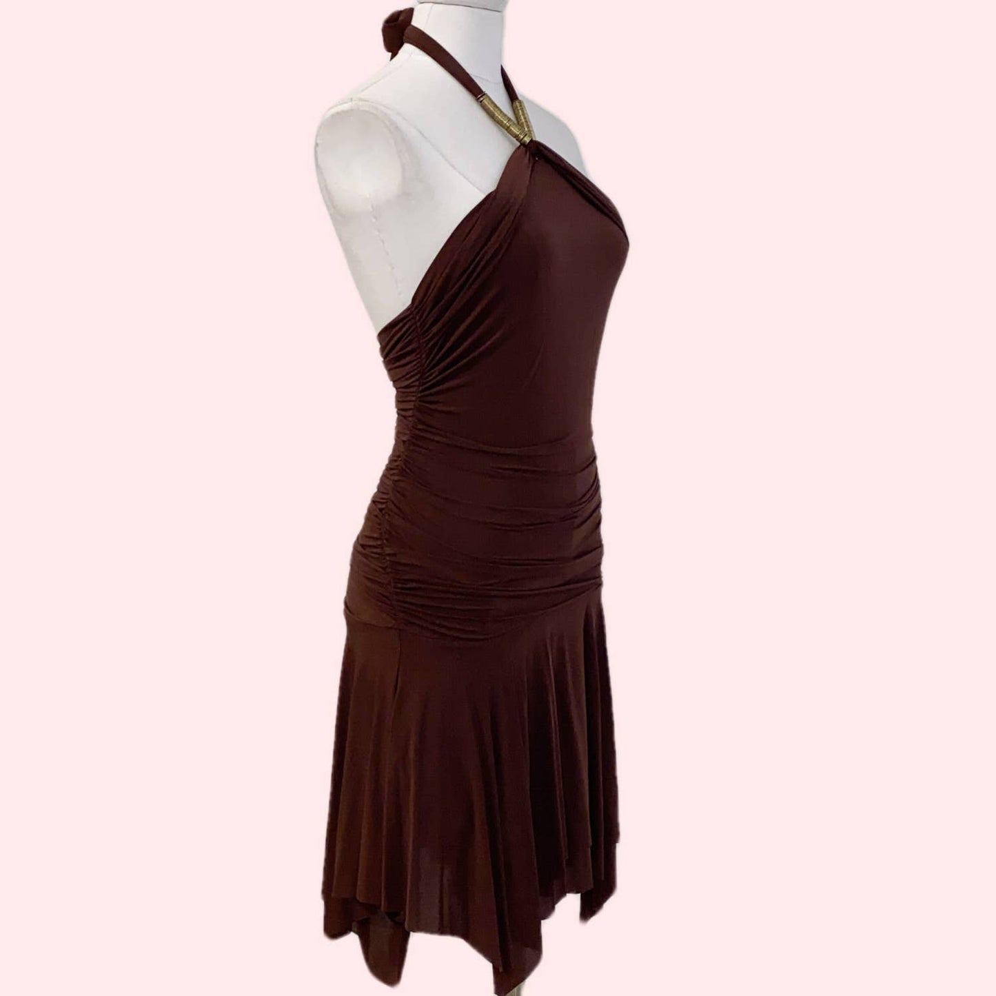 BCBGMAXAZRIA Brown with Gold Accents Mini Halter Dress