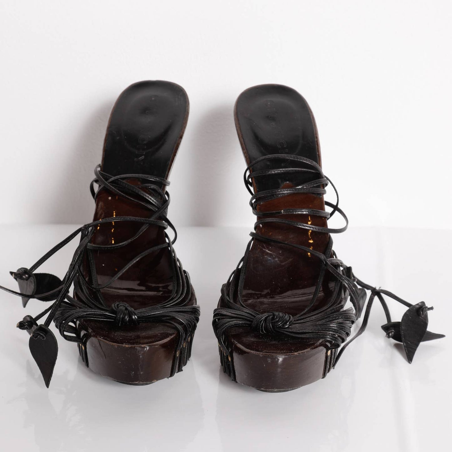 GIVENCHY Vintage Wood Heeled Black Leather Lace Up Strappy Platform Sandals