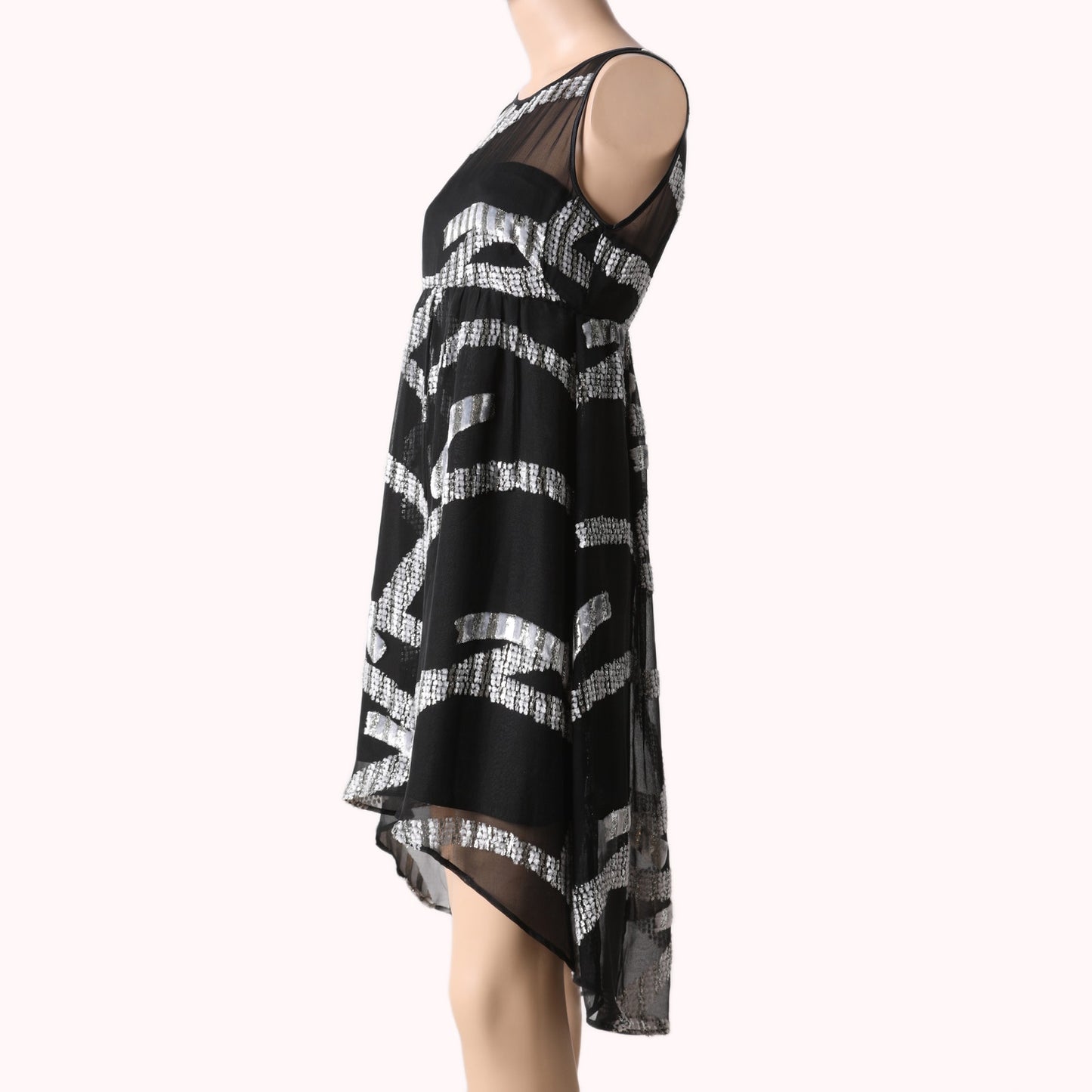 MARC JACOBS Black Silver Metallic Jacquard High-Low Silk Midi Dress