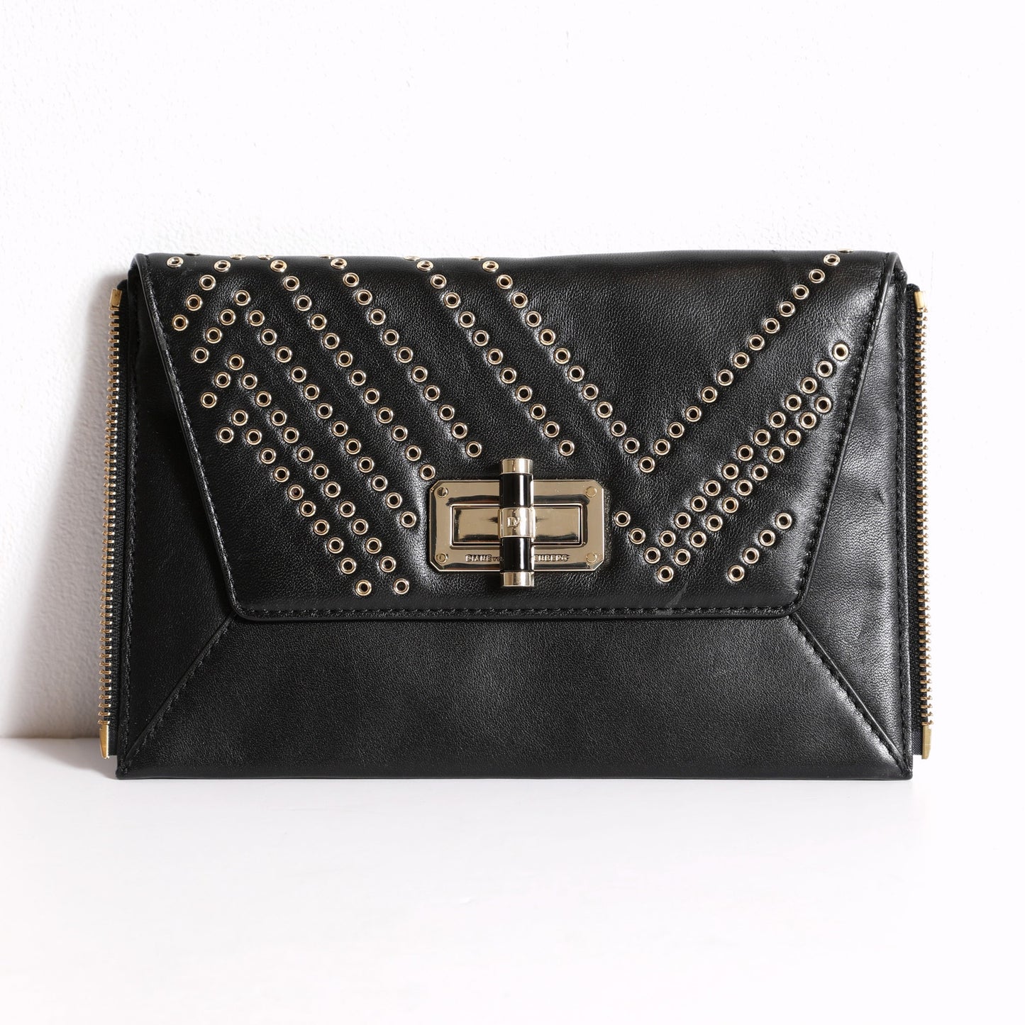 DIANE VON FURSTENBERG Black Pebbled Leather Studded Envelope Clutch