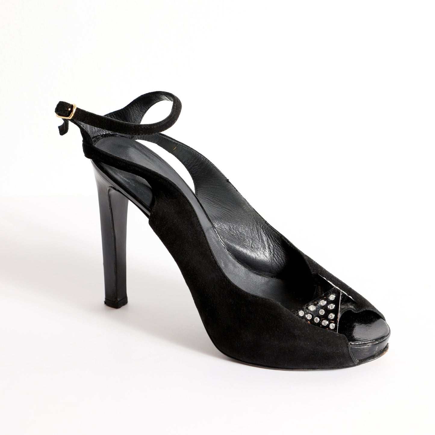 GEORGINA GOODMAN Vintage Black Suede Slingback Peep Toe Heels with Crystal