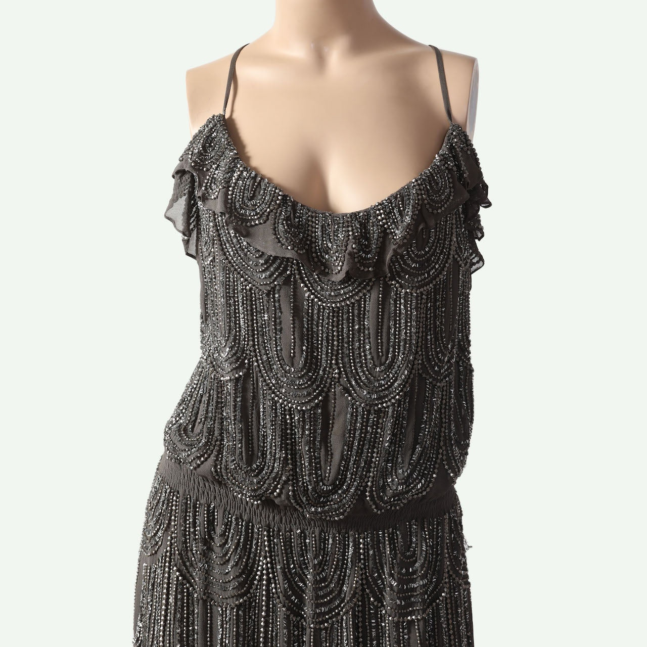 BOYOD Gray Silver Beaded Ruffle Blouson Mini Dress