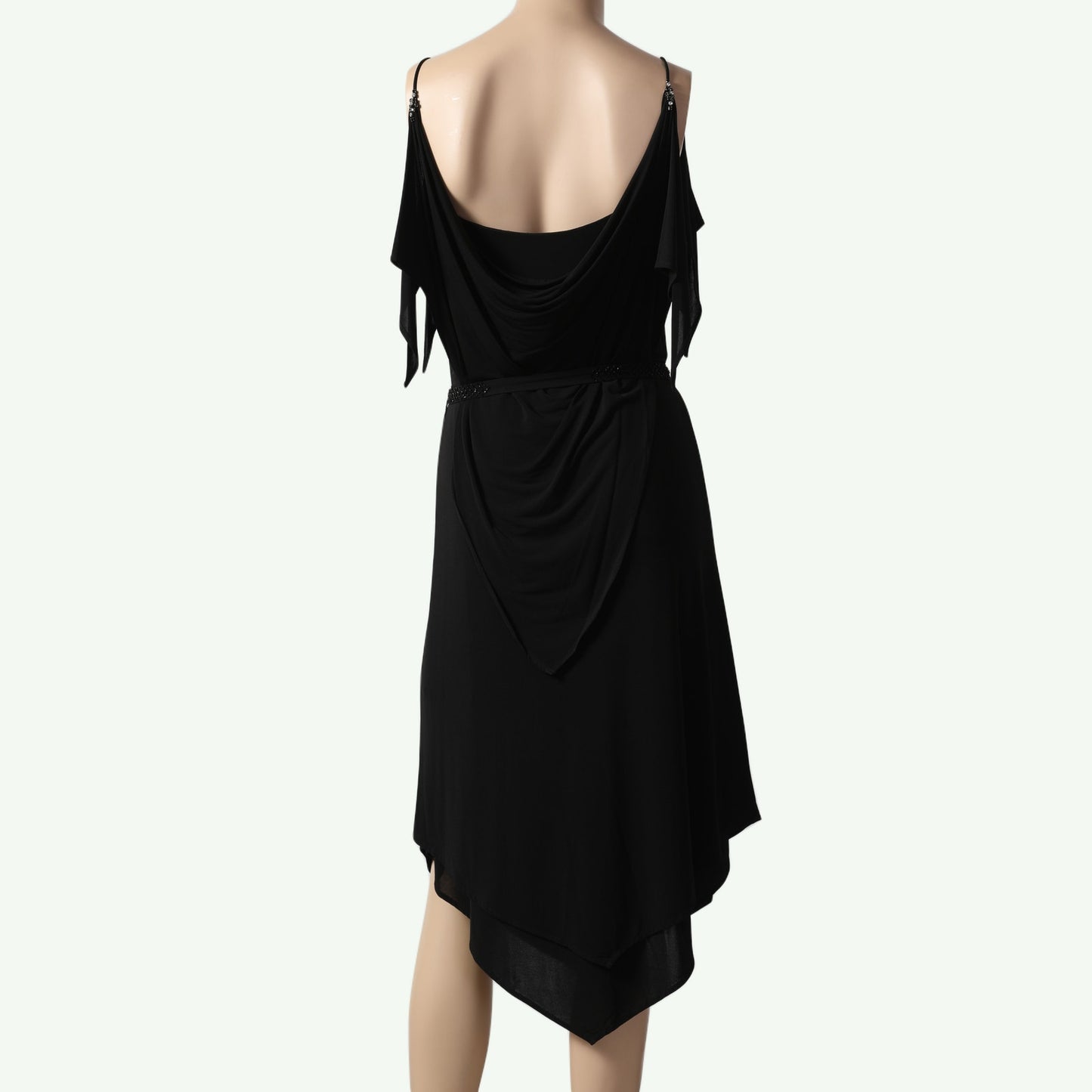 BCBGMAXAZRIA Vintage Black Draped Scoop Neck Asymmetrical Hem Knee Length Dress