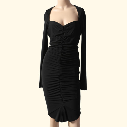 NICOLE MILLER Long Sleeve Knee-Length Black Ruched Dress