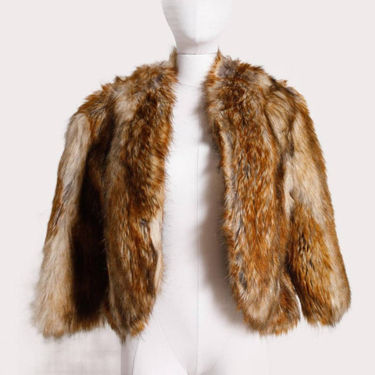 SAFARI Brown and Beige Open Front Faux Fur Jacket