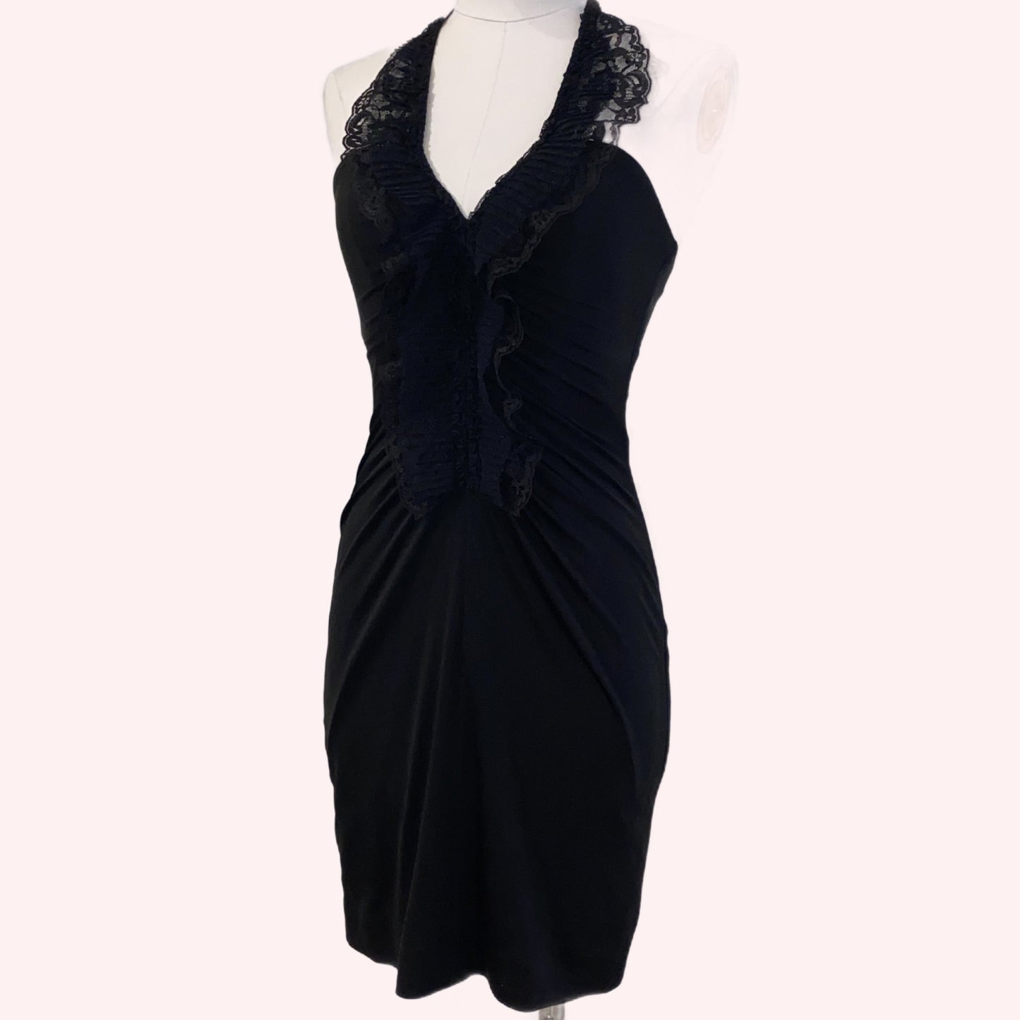 BCBGMAXAZRIA Vintage Black Halter Top Cocktail Dress with Lace Ruffles