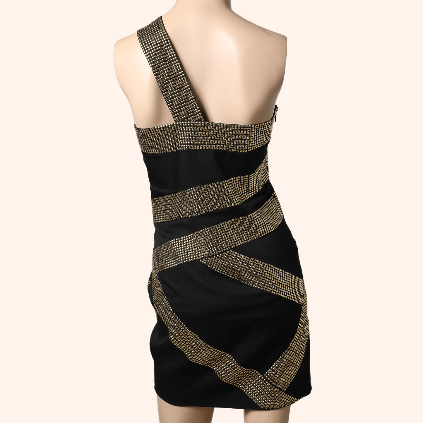 ROBERT RODRIGUEZ Black Gold Studded One-Shoulder Mini Dress