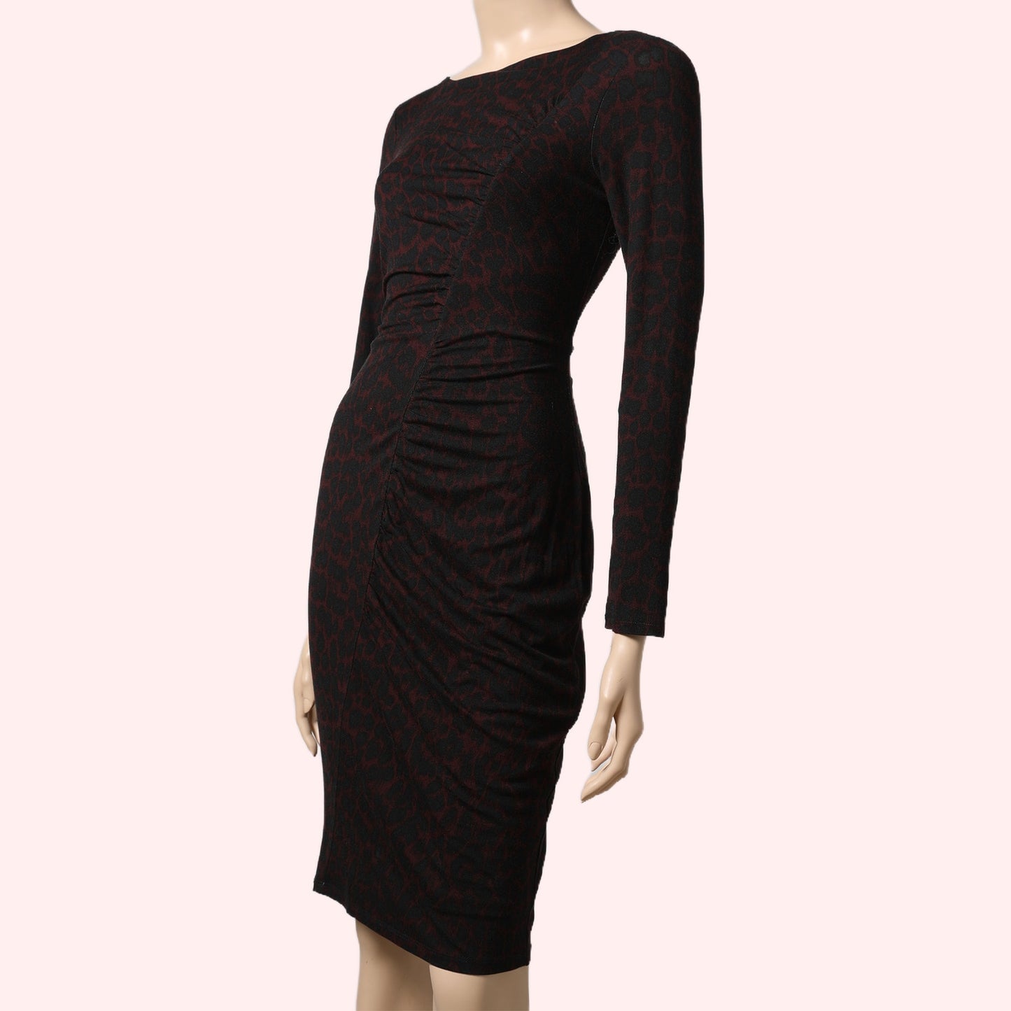 WHISTLES Black Red Cheetah Print Ruched Bodycon Dress