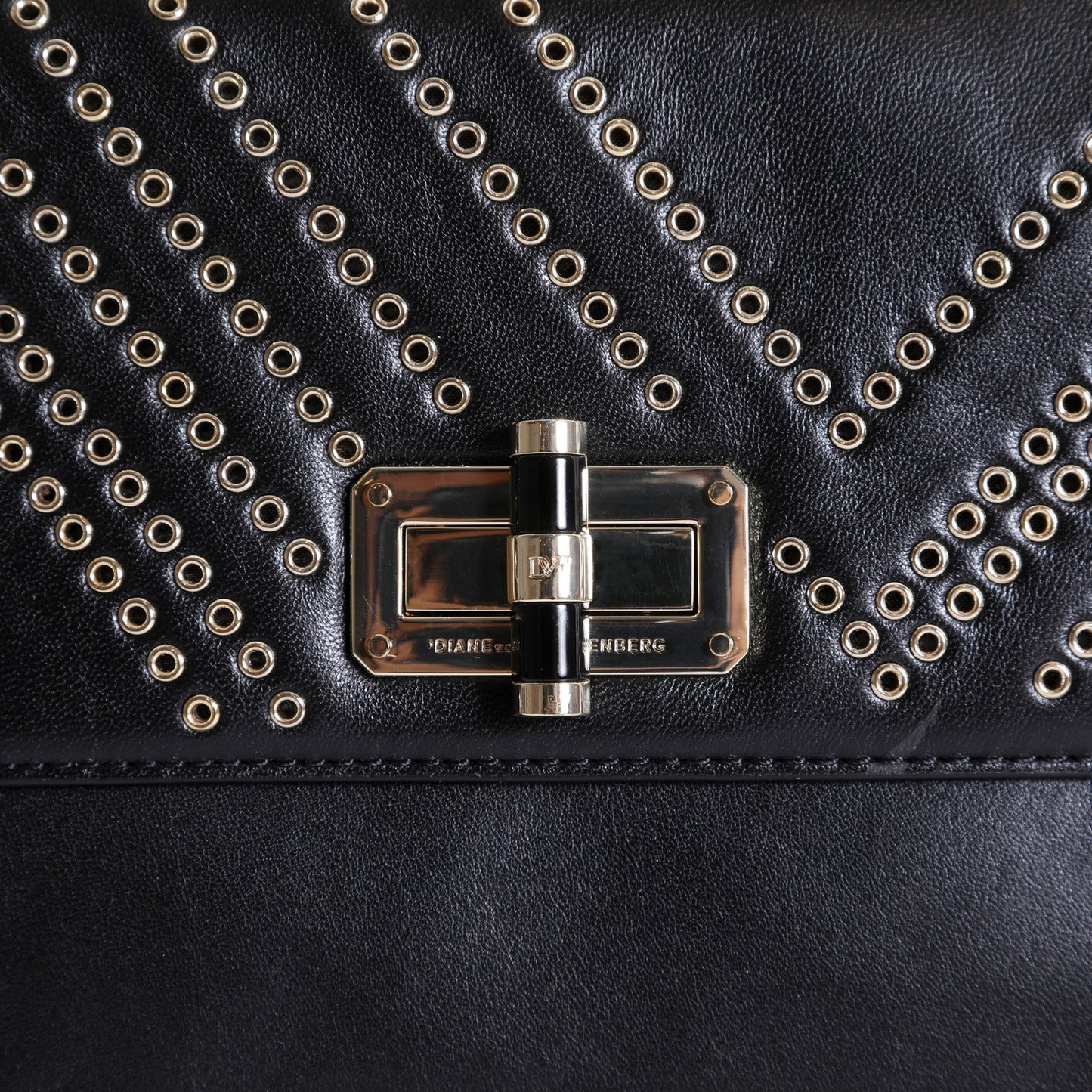 DIANE VON FURSTENBERG Black Pebbled Leather Studded Envelope Clutch