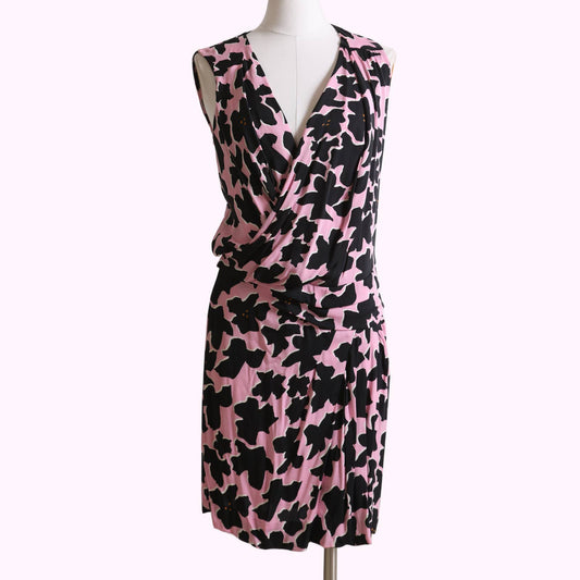 DIANE VON FURSTENBERG Pink and Black Printed Sleeveless Silk Dress