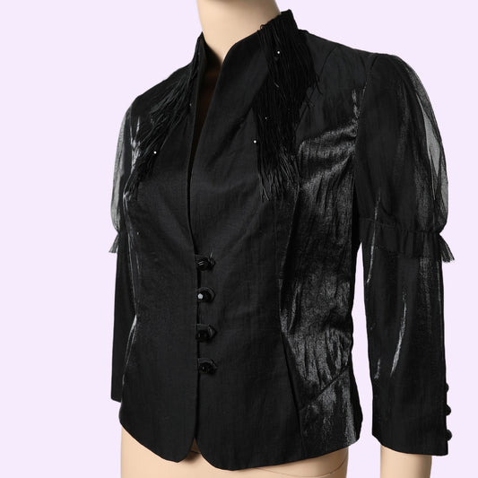 CATHERINE BRICKHILL Vintage Black Fringe Detail Gem Button Jacket
