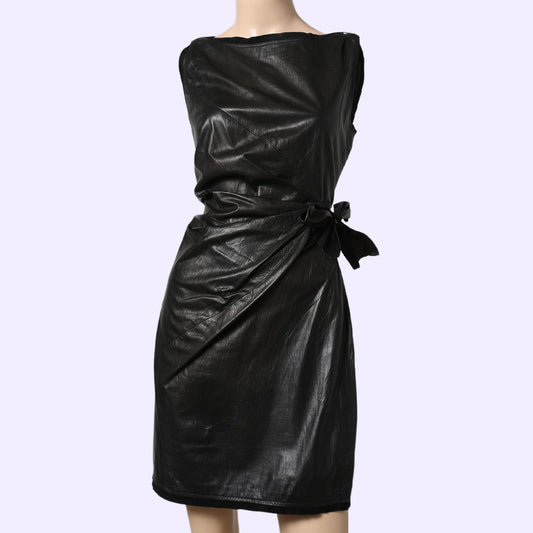 DIANE VON FURSTENBERG Black Leather Mini Sheath Della Dress w/ Side Tie Belt