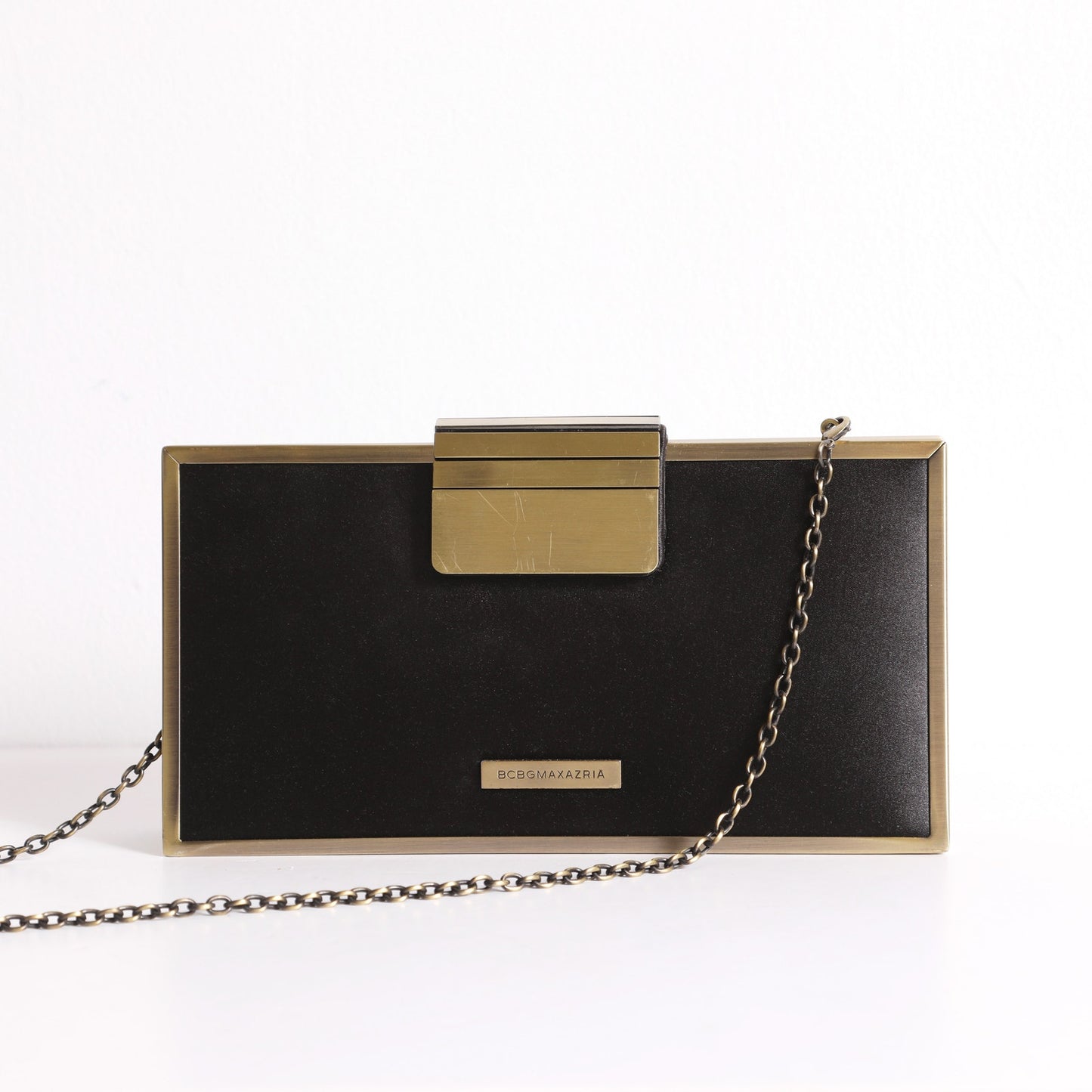 BCBGMAXAZRIA Black Box Retro Style Clutch with Gold Details + Chain