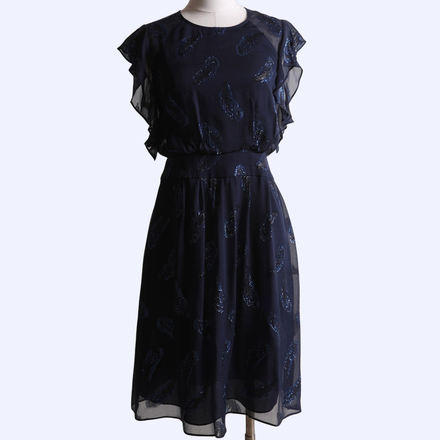 BCBGMAXAZRIA Navy Blue Metallic Silk Flutter Sleeve Knee Length Dress