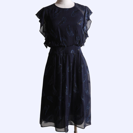 BCBGMAXAZRIA Navy Blue Metallic Silk Flutter Sleeve Knee Length Dress