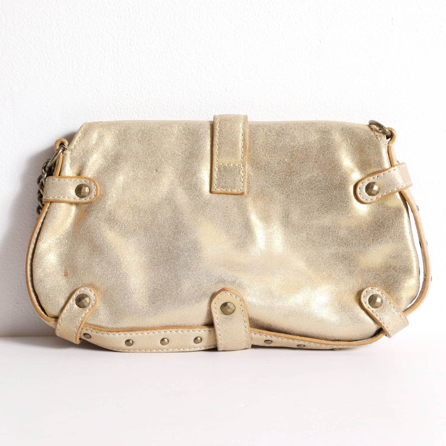 JUST CAVALLI Gold Metallic Leather Hand Bag with Chain Strap