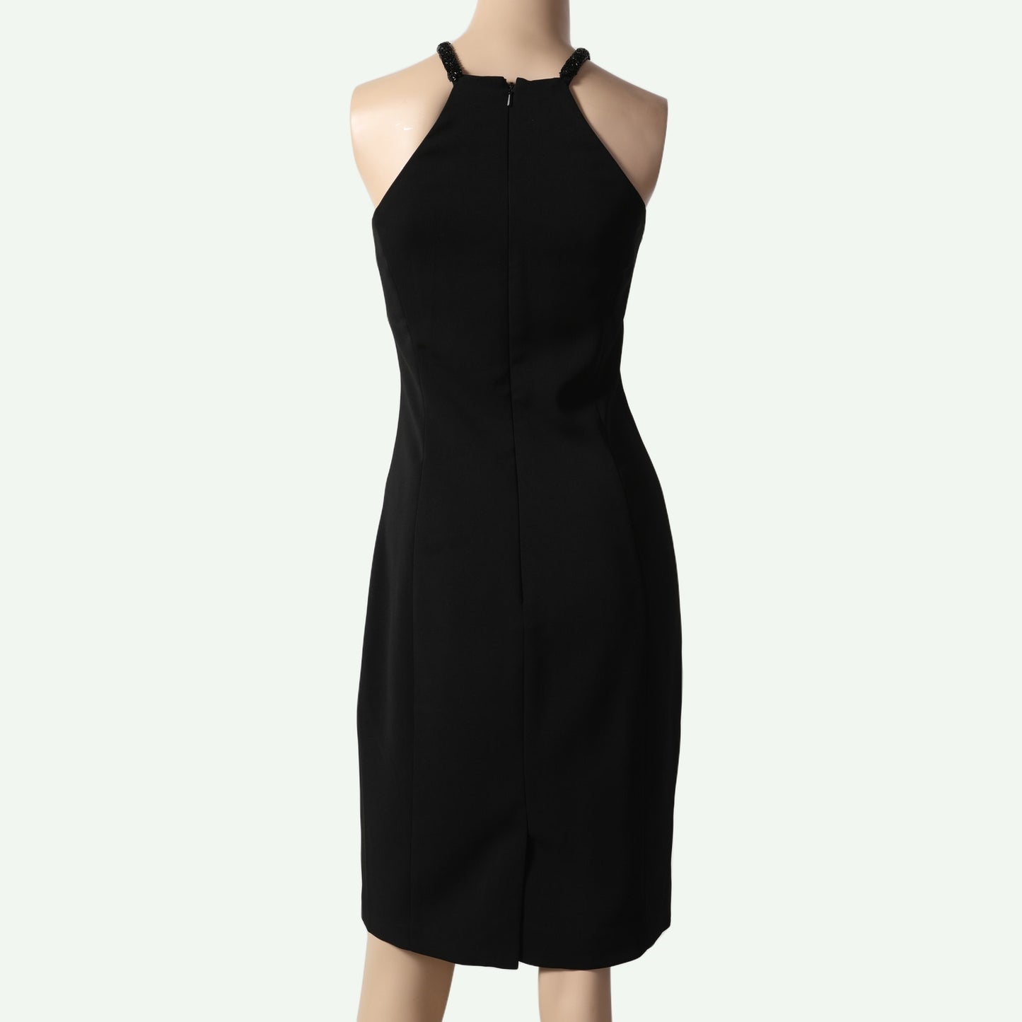 CARMEN MARC VALVO Black Beaded Crossover Halter Sheath Dress