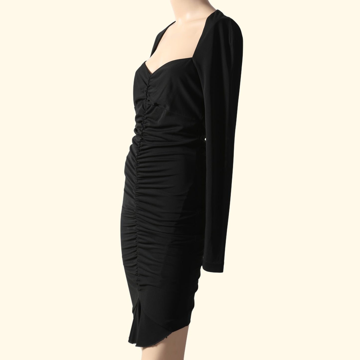 NICOLE MILLER Long Sleeve Knee-Length Black Ruched Dress