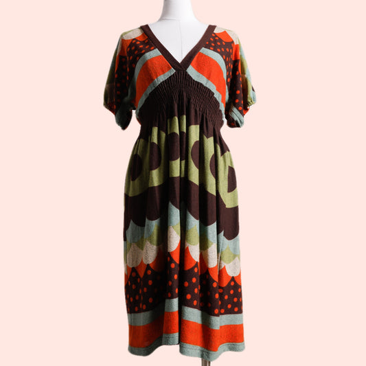 LUCCA Vintage Multicolor Abstract Print V-Neck Midi Dress