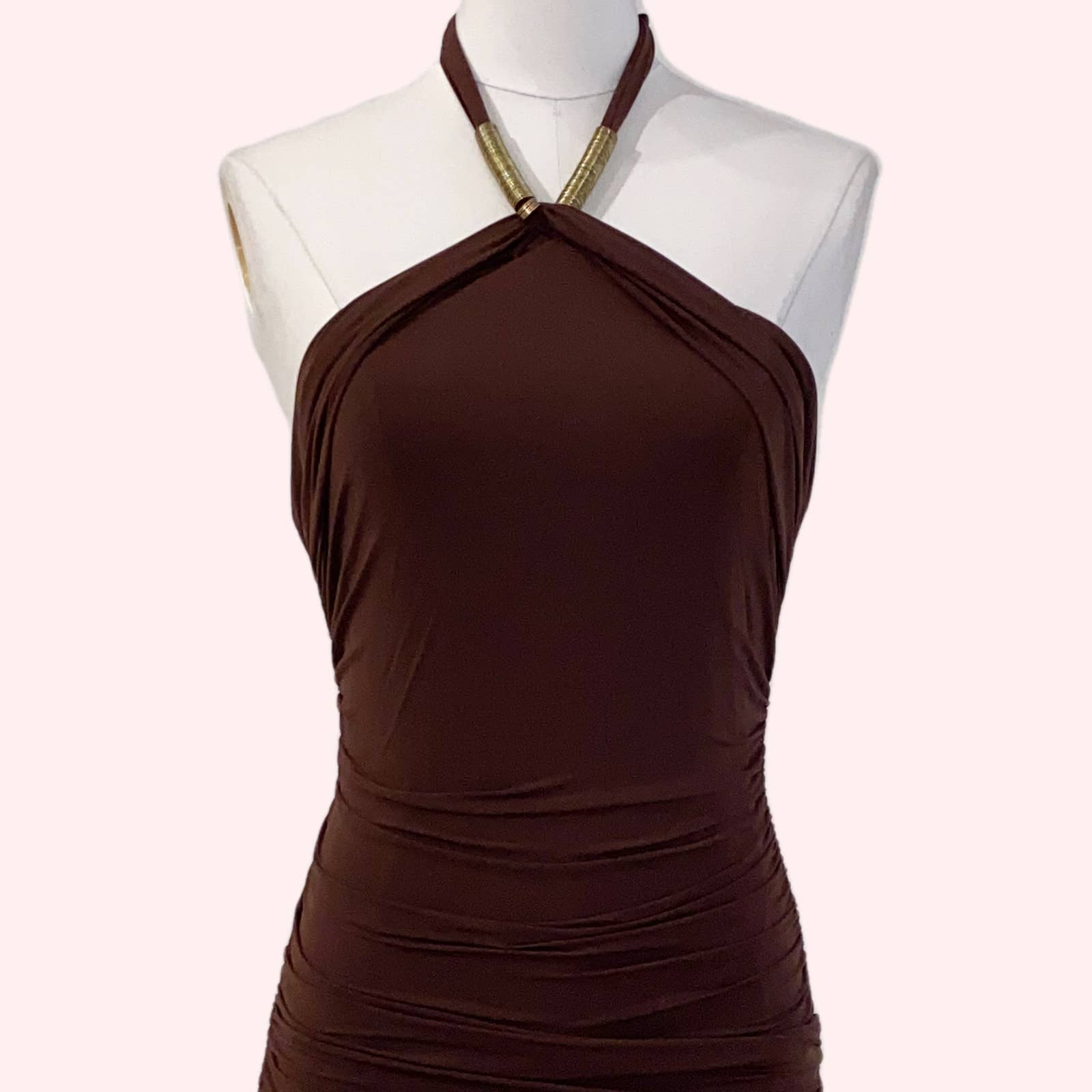 BCBGMAXAZRIA Brown with Gold Accents Mini Halter Dress BCBGMAXAZRIA Brown with Gold Accents Mini Halter Dress
