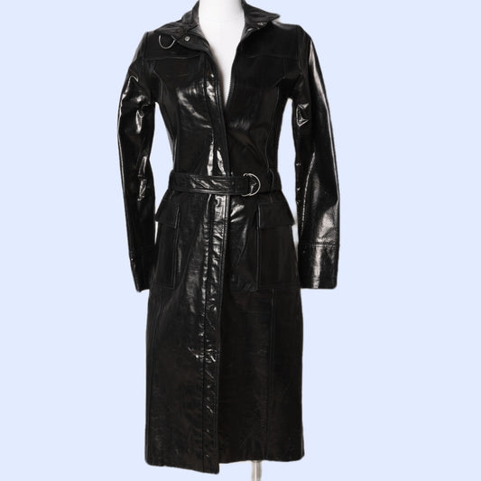 HIDEOUT Black Real Leather Long Vintage Trench Coat