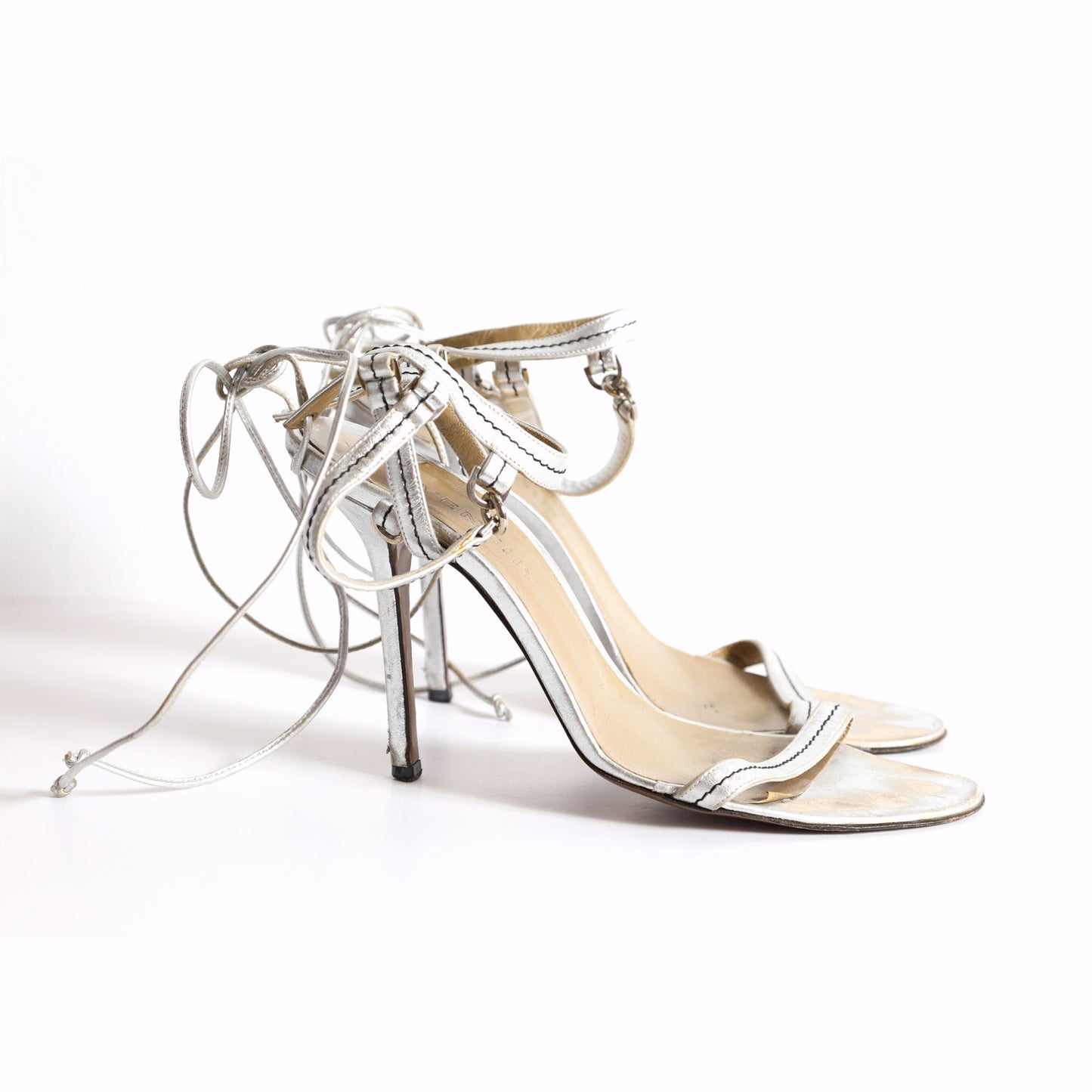 GIVENCHY Vintage Silver Lace-Up Strappy Leather Sandal Heels