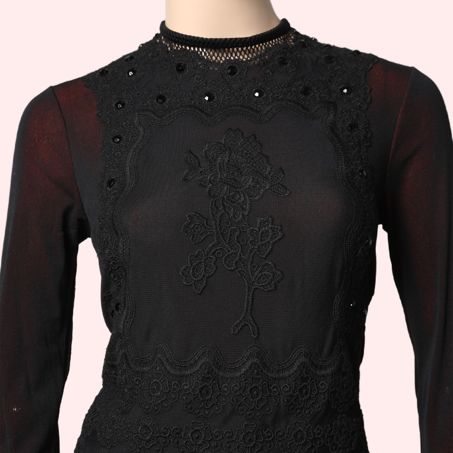 VIVIENNE TAM Black and Red Mesh and Lace Embroidered Long Sleeve Dress